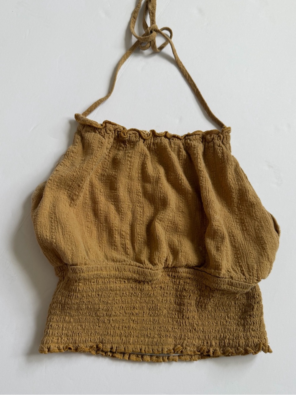 Smocked Halter Crop Top in Mustard Brown size Small